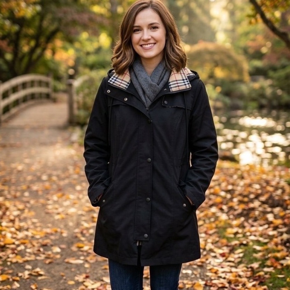 Saphirose Women 2XL Plaid Lined Hooded Rain Jacket Black Windbreaker Preppy Fall